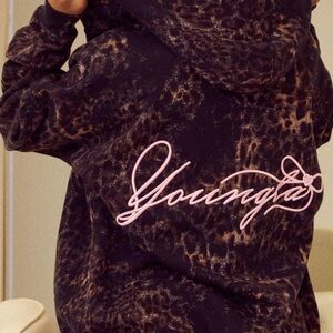 YoungLA leopard Black and Brown Patterned Hoodie with Pink Logo